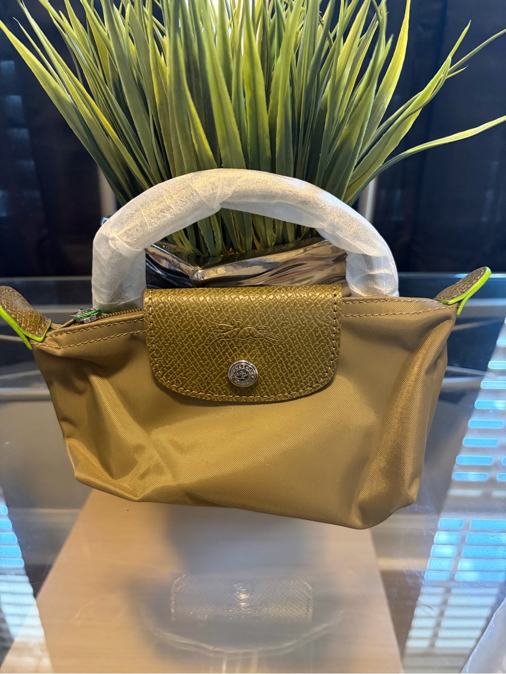 Source Unknown Olive Green Mini Top-Handle Bag with Neon Trim